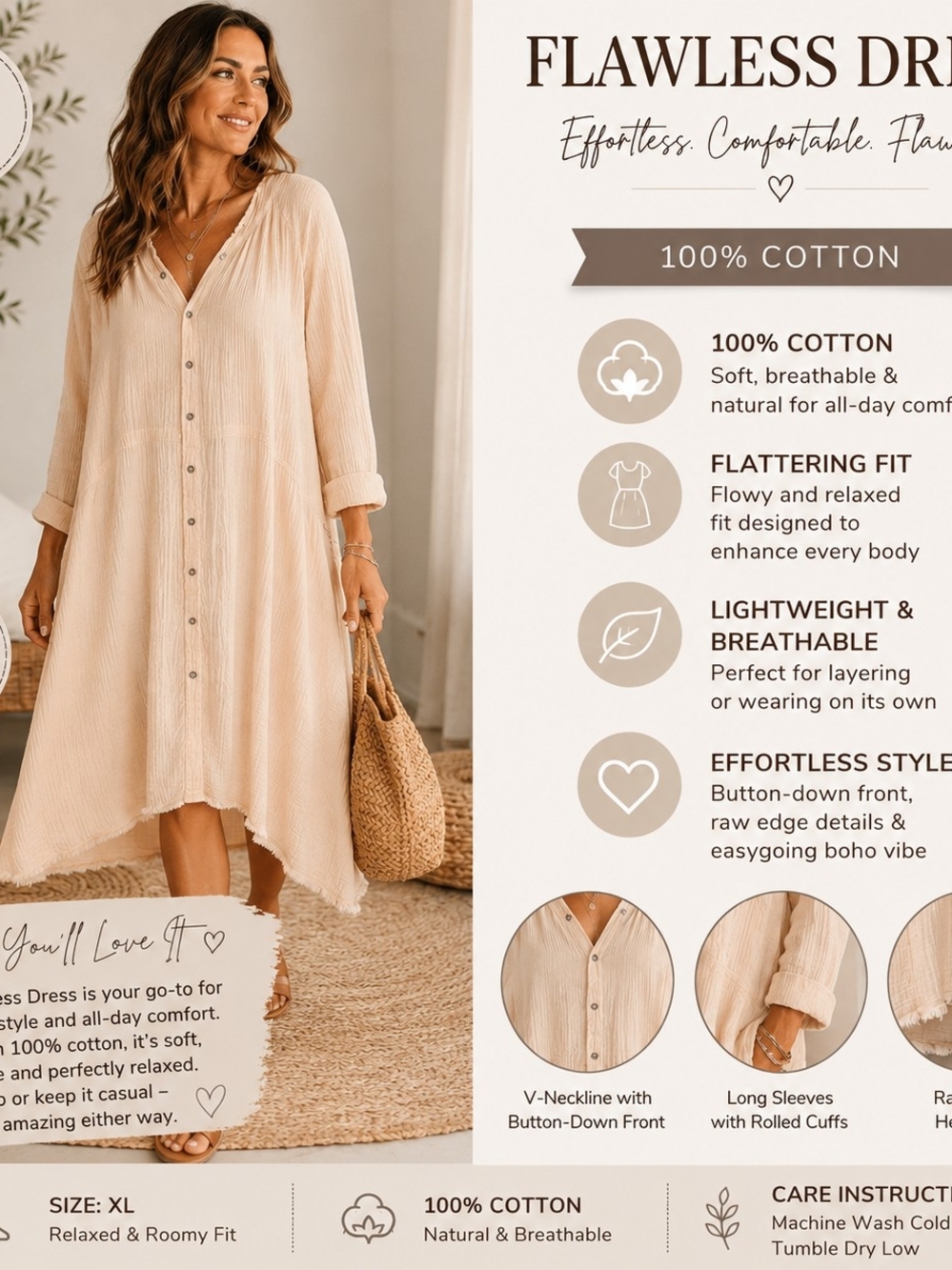 Flawless Relaxed High-Low Button-Down Dress in Beige